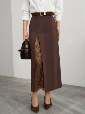 Elegant Lace-Trimmed Slit A-Line Skirt